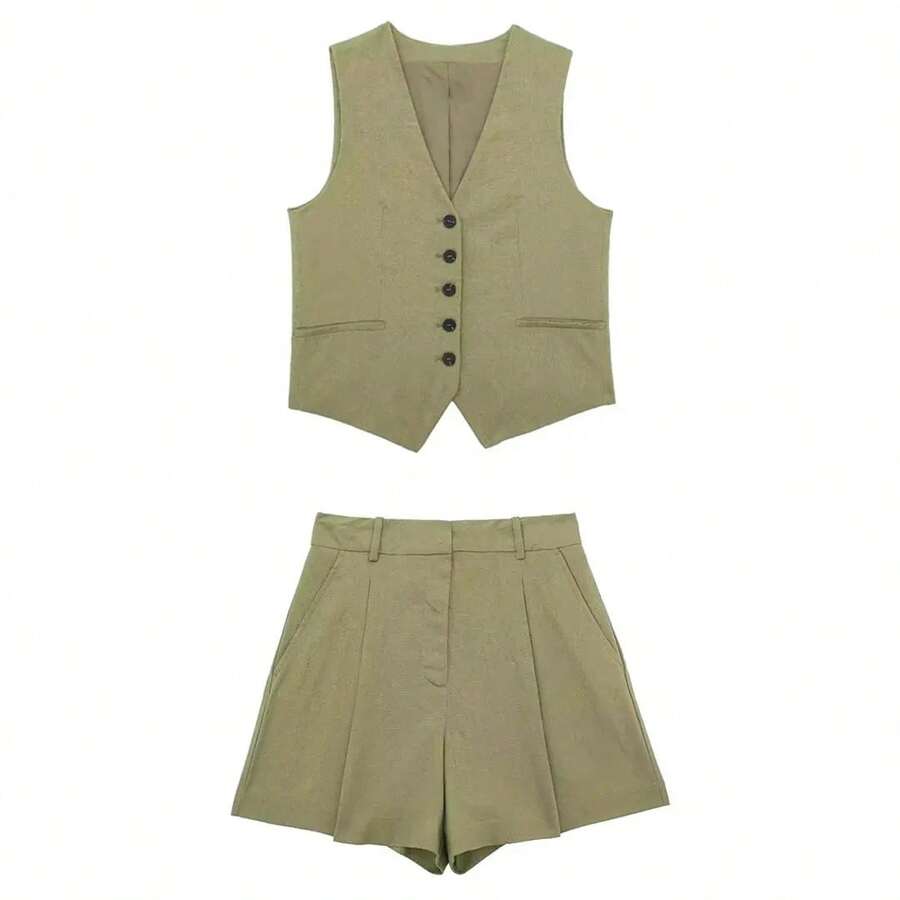 Conjunto liso Vintage para mujer, chaleco sin mangas con cuello de pico y botones, Top + bolsillos, pantalón corto elegante salvaje para ir al trabajo, verano 2024 - traje marrón verdoso - Ver 1