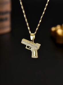 1 pieza collar con dije en forma de pistola con estilo de hip hop para hombres, chapado en oro y con incrustaciones de circonia cúbica, adecuado para uso diario - Amarillo Oro - Ver 4