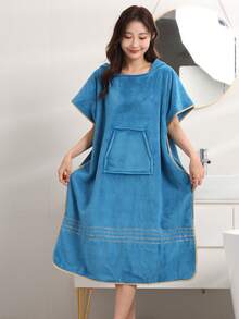 1 buah Jubah Mandi Wanita Lembut, Menyerap, Berkerudung, Tanpa Lengan, Warna Polos, Minimalis, Ukuran Besar, Ponco yang Dapat Dipakai untuk Mandi, Berselancar, Pantai, Aktivitas Luar Ruangan - Dusty Blue - View 4