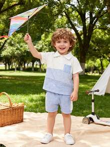 Conjunto de pantalón corto y camisa de manga corta con cuello de parche para niños - Multicolor - Ver 2