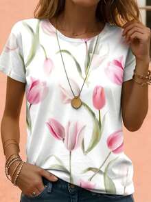 Áo thun nữ mùa hè mới, cổ tròn, in họa tiết hoa tulip trắng, dáng rộng, tay ngắn, thích hợp mặc thường ngày, đi nghỉ mát hoặc mặc hàng ngày. - trắng - Xem 2