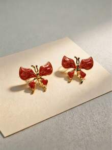 1 Pair Handmade Vintage Red Enamel Gold Trim Butterfly Stud Earrings, Elegant Delicate Outline Design, Suitable For Daily Commute, School, Summer Vacation, Dates & Mother's Day Gifts - Multicolor - View 7
