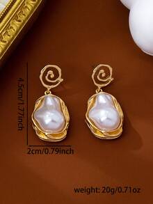1 Pair Vintage Baroque Asymmetrical Pearl Earrings, French Luxury Metal Spiral Design Earrings For Women, Suitable For Daily Wear, Party, Banquet, Vacation, Date, Work Commute, Jewelry, Summer Beach Holiday Accessory - Gold+White - View 5