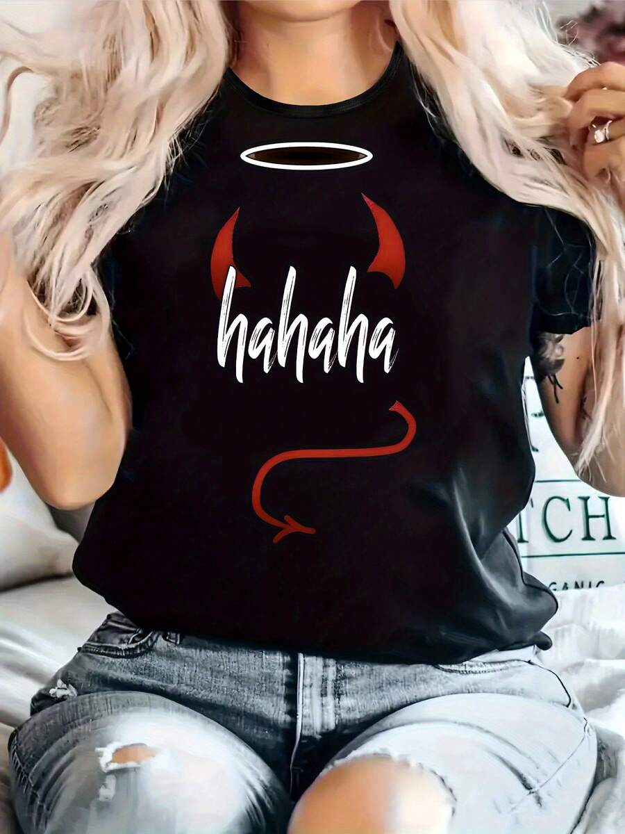 Plus Size, Print Plus Size Women's Casual T-Shirt, Round Neck, Short Sleeved, Slightly Elastic Fabric, Regular Style, Comfortable Top For All Seasons Women Clothes - 黑色 - 查看 1