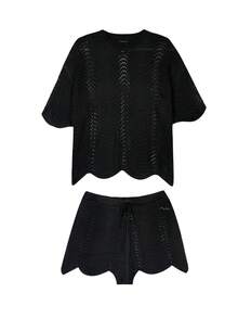 Bộ 2 món áo ngắn tay dệt kim móc rỗng và quần short thường ngày phong cách thời trang Âu Mỹ mùa xuân cho nữ, đi nghỉ mát, đi biển - màu đen - Xem 10