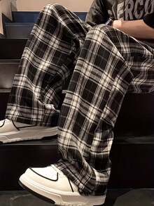 Pantalones casuales de talla grande para hombres con cintura con cordón a cuadros, para primavera/otoño - Negro - Ver 7