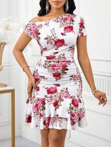 MEXSHEIN Lady Vestido corto de mujer de moda con cuello asimétrico y volantes en el bajo, de unicolorMEX OF4M - Multicolor 5 - Ver 3