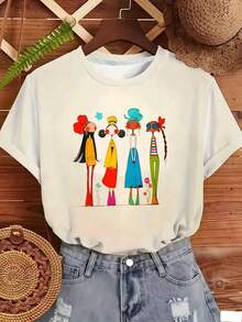 Plus Size, Plus-size T-shirt - Camiseta impresa divertida para mujer - Top de cuello redondo de manga corta, lavable en máquina para la comodidad de toda la temporada, uso informal; estilo de ajuste suelto; impresión duradera, perfecta para regalos de vacaciones, almacén local - Blanco - Ver 2