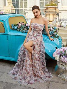 Women Luxury Strapless Formal Evening Gowns Sexy High Slit Corset Prom Wedding Guest Spring Summer Cocktail Party Maxi Dresses - Apricot - View 5