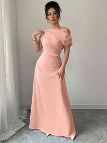 Vestido de mujer con estampado minimalista, hombro asimétrico y talle fruncido - Rosa Pálido - Ver 5