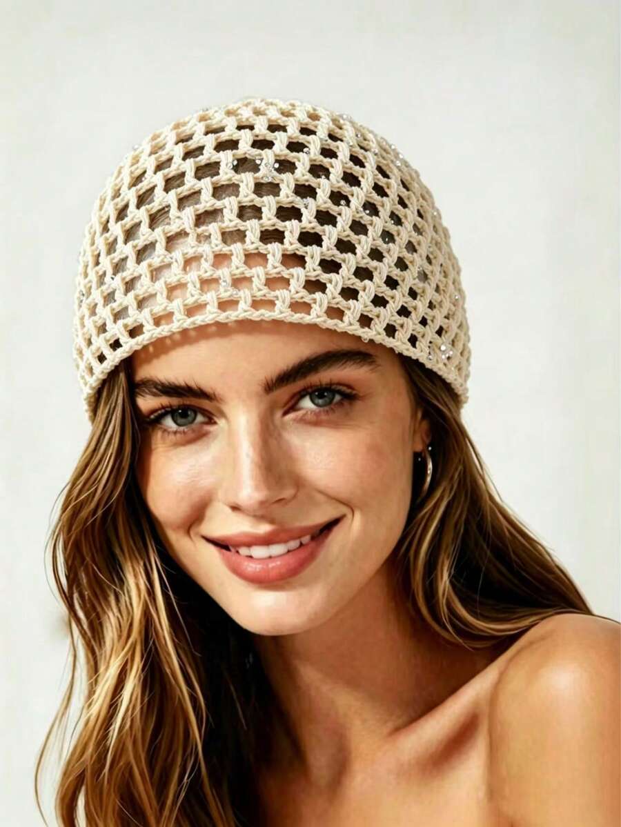 1 chiếc mũ len móc thủ công mỏng nhẹ, đính sequin, kiểu dáng thời trang mùa xuân/thu dành cho nữ, thích hợp cho đi biển và phong cách boho. - A - Xem 1