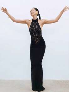 Vestido ajustado con encaje cuello colgante y espalda descubierta - Negro - Ver 3