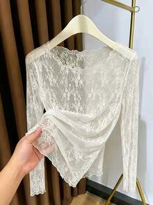 Top de capa base de encaje transparente con cuello grande para mujer, top de malla de manga larga ligero y transparente casual - Albaricoque - Ver 1