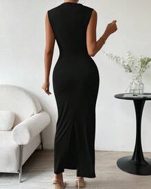 2026 Summer Women Ruched Bodycon Maxi Dress Sleeveless Lightweight Side Slit Elegant Cocktail Wedding Guest Formal Party Long Dress - 黑色 - 查看 4