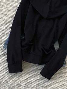 Sudadera con capucha y cremallera para mujer, color negro sólido, manga larga, bolsillo canguro, puños y dobladillo elásticos, estilo casual y deportivo, ideal para todo el año, uso diario, actividades al aire libre, gimnasio, escuela, combinaciones con jeans, leggings y pantalones deportivos - Azul marino - Ver 6