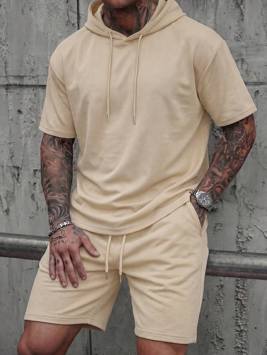 FRACTYR Men's Summer Casual Solid Color Hoodie And Drawstring Waist Shorts Set - Apricot - View 1