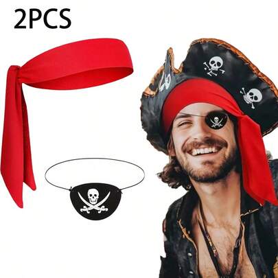 Set de 4 piezas de diadema y máscara para ojos de pirata, incluye accesorios de pirata rojos divertidos, unisex, adecuado para fiestas de Halloween, Navidad y Pascua