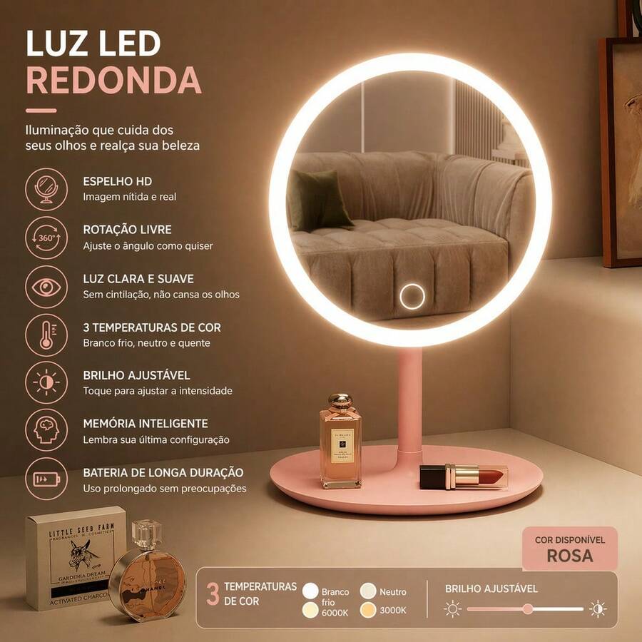 Tabletop Mirror With LED Light, Round Or Square, For Makeup, Dressing Table, Skincare, Decoration With Tray - 粉紅色(圓形) - 查看 1