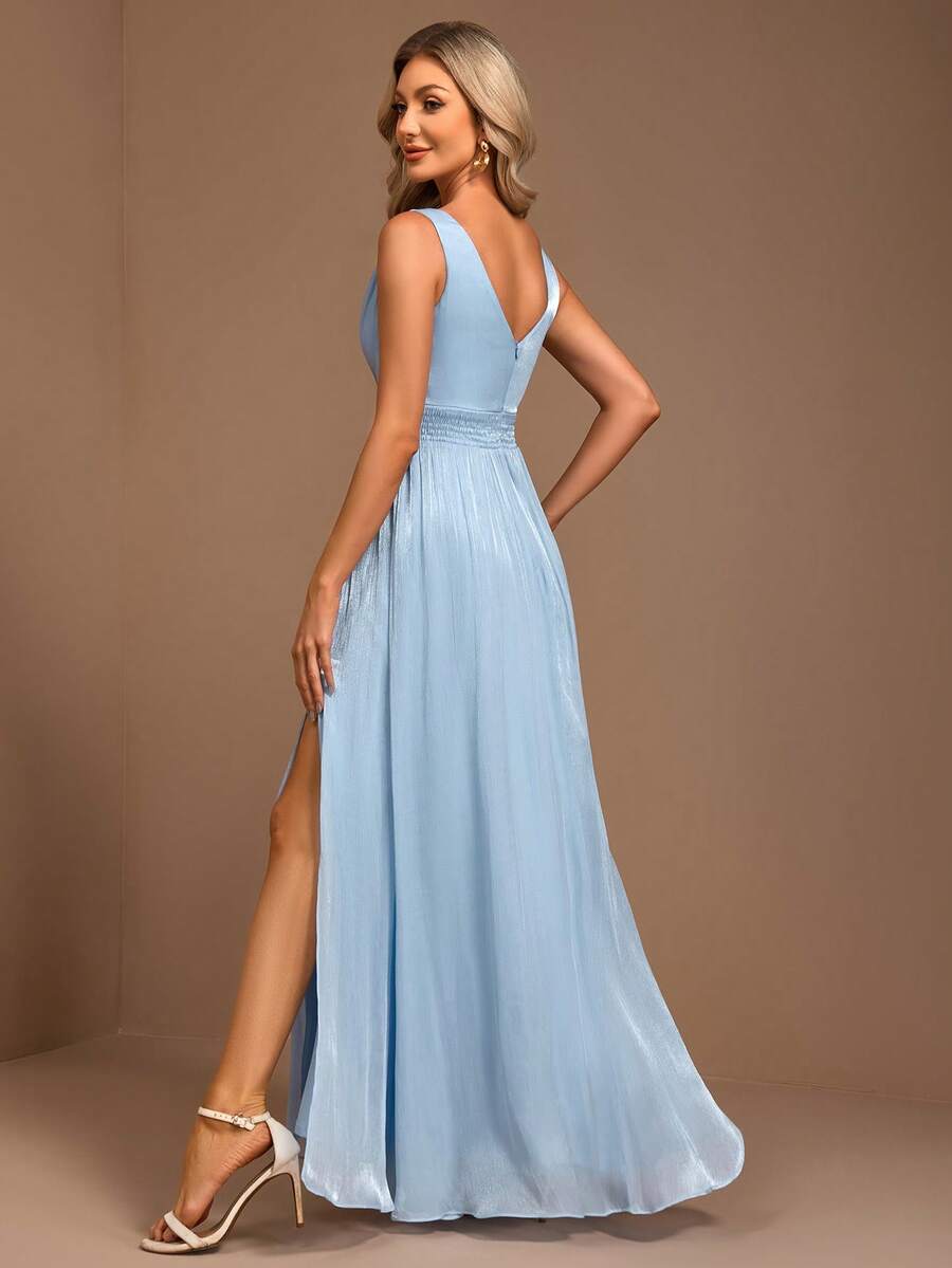 XUCTHHC Elegant V-Neck Sleeveless Chiffon A-Line Blue Bridesmaid Dress, Formal Evening Gown, Suitable For Wedding Guests, Prom, Holiday, Spring/Summer