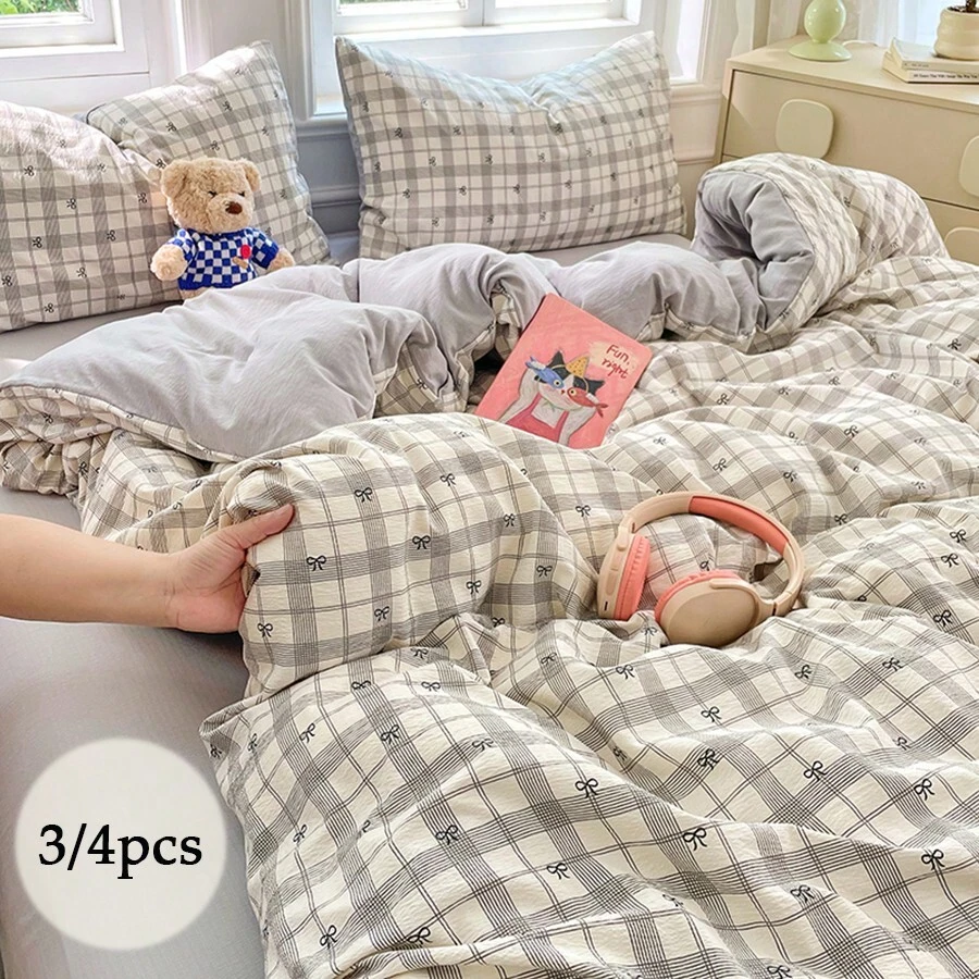3/4件套床上用品,黑色领结图案被套套装,浅灰色格子印花床品套装,柔软透气,可机洗,现代简约卧室床上用品,适合所有季节,适用于客房、出租房、宿舍、家庭卧室,包含1个被套(不含填充物)、1个床单、1/2个枕套(不含填充物)。 - 淺灰色 - 查看 1