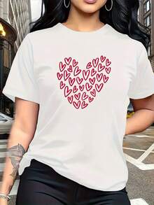 Camiseta Casual de Manga Corta para Mujer con Estampado de Corazón Grande y Cara Sonriente - Blusa de Cuello Redondo, Tejido de Elasticidad Media para Confort en Todas las Estaciones, Lavable a Máquina, Atuendo Casual y Pieza de Capas (No-) - Blanco - Ver 2