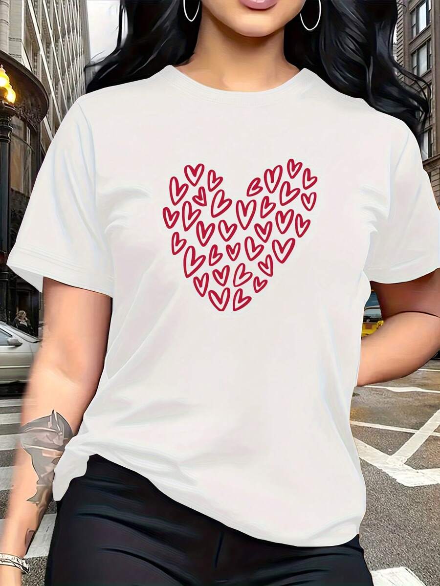Camiseta Casual de Manga Corta para Mujer con Estampado de Corazón Grande y Cara Sonriente - Blusa de Cuello Redondo, Tejido de Elasticidad Media para Confort en Todas las Estaciones, Lavable a Máquina, Atuendo Casual y Pieza de Capas (No-)