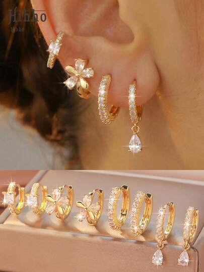 Hihho Set de 8 piezas de aretes con flores de circonita brillante, adecuados para mujeres, con diseños delicados de flores, geométricos, lágrima y otros, para perforaciones en el lóbulo, cartílago y hélix, ideales para niñas y mujeres, de moda, elegantes, adecuados para vacaciones, fiestas, citas, regalos y uso diario