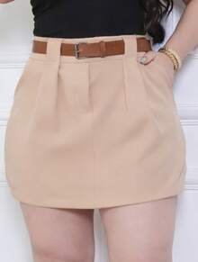 Elegant Women's Plus Size Tailored Short Skirt With Leather Belt, High Waist And Pockets - Màu be - Xem 3