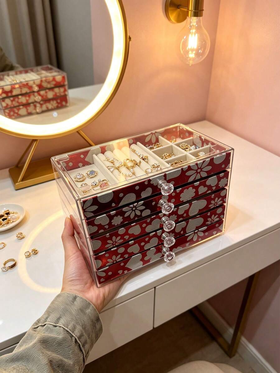 1pc 5/3/1 Layer Printed Acrylic Jewelry Box, Large Capacity Drawers Jewelry Organizer, Transparent Dust-Proof Storage Box For Rings, Earrings, Necklaces, Velvet Lining, Compartment Design, Ideal For Vanity Table, Desk, Gift For Girlfriend, Jewelry Accessories Storage - Multicolor - View 1