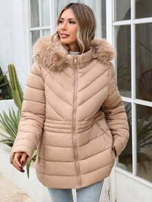 Risissida Women's Plus Size Hooded Thick Down Jacket - Essential For Outdoor Adventure, With Pockets To Keep You Warm And Comfortable In Winter! - Apricot - View 5