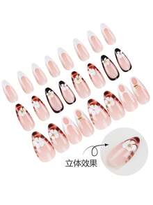24片装按压式美甲贴片，杏仁形/法式豹纹和花卉美甲图案，温柔中带一丝复古慵懒感 - 彩色 - 查看 4