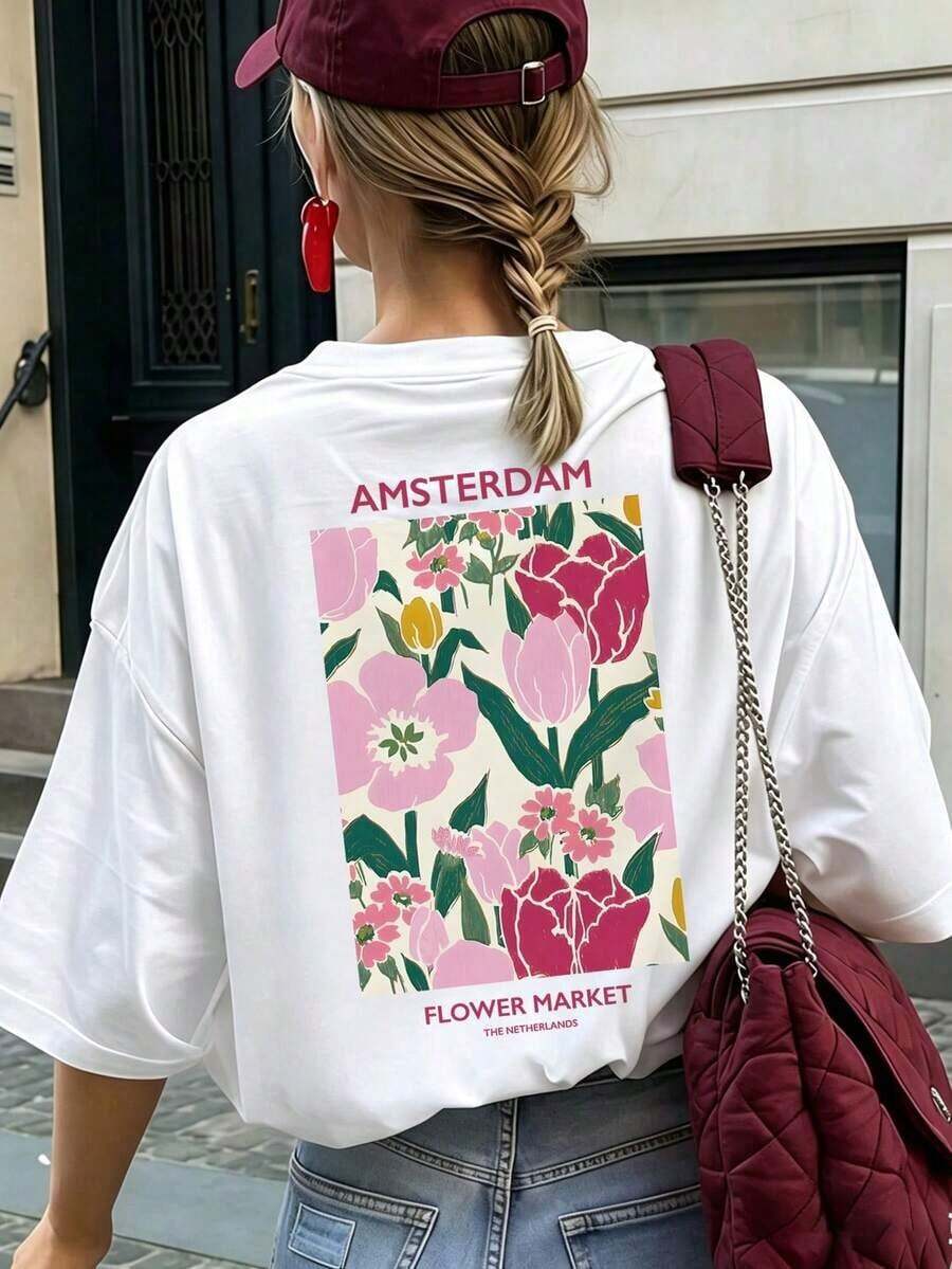 Camiseta de manga corta beige para mujer, con estampado floral y de letras, estilo casual, holgada, versátil, con cuello redondo, ideal para el verano, un top moderno para el uso diario. - Blanco - Ver 1