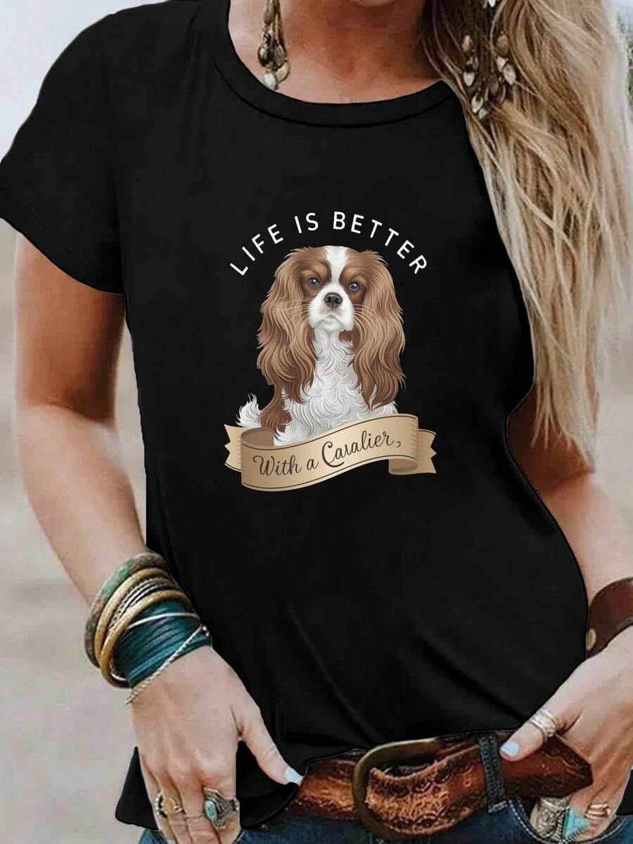 Camiseta gráfica de mujer Cavalier King Charles Spaniel "con un corazón tan verdadero" - cuello de la tripulación estirable suave Top casual, camiseta de ajuste regular lavable en máquina para verano y primavera, camiseta de perro