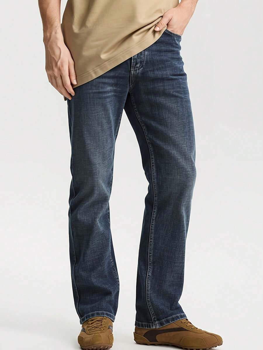 Men's Straight Slim Washed Jeans, Blue & Black Solid Full Zip Long Pants, All-Season Business Casual Daily Wear, Durable Versatile Formal Casual Denim