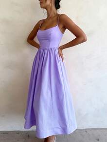 2026 Spring New Women's Clothing, Cross-Border European And American Dress, Sexy Waist-Cinching Pleated Solid Color Large Hem Strap Dress - 紫色 - 查看 5