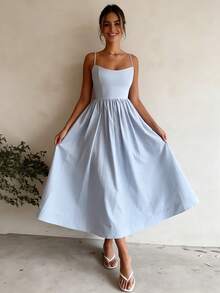 2026 Spring New Women's Clothing, Cross-Border European And American Dress, Sexy Waist-Cinching Pleated Solid Color Large Hem Strap Dress - 藍色 - 查看 6
