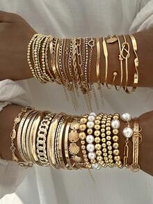 22/9/7 Pcs Fashionable Minimalist Elegant Delicate Vintage Design Geometric Strap, Shell Faux Pearl Beaded Splice Design, Lock Chain, Twist Knot, Round Bead, Braided, Cross Round Slice, Rhinestone, Shiny, Embossed Texture Snake Bone Chain, Box Chain, Metal Minimalist Plain Chain Bracelet Set, Suitable For Holiday, Party, Gift - Yellow Gold - View 2
