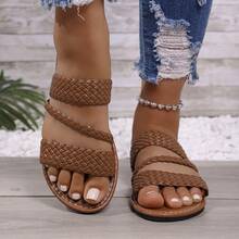 Women's Solid Color Fashion Slippers, Woven Lightweight Flat Sandals, Comfortable Beach Slippers - Brown Woven - View 15