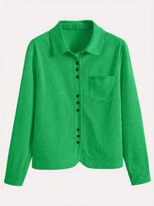 Camisa de mujer de pana con botones, de ajuste relajado, chaqueta de cárdigan de manga larga de moda informal, blusas holgadas con bolsillo para otoño 2025 y primavera - Verde - Ver 3