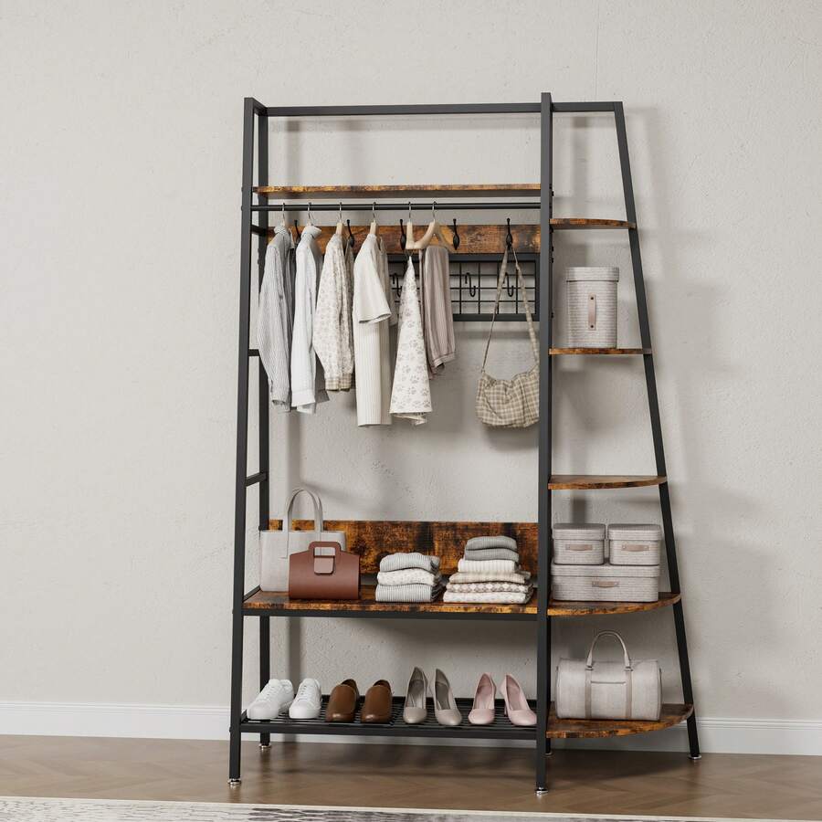 Industrial Style Freestanding Open Clothes Rack With Shelves - Retro Brown Clothes Rack For Bedroom, Living Room And Home Office - Multifunctional Organizer For Storing Clothes And Shoes - 黑色+棕色 - 查看 1