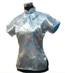 Blusa de satén de seda china tradicional rosa para mujer, camisa Vintage de verano, Tops, ropa de flores, S, M, L, XL, XXL, WS012 - Azul Marino - Ver 3