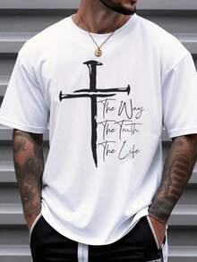 Men's Christian Faith Graphic T-Shirt - The Way The Truth The Life Cross Design, % Cotton Breathable Regular Short Sleeve T-Shirt, Suitable For Spring Summer Casual And Outdoor Wear, Religious Theme Clothing, Casual Wear Bold Graphic T-Shirt Comfortable Style, Christian T-Shirt - Unisex Plus Size Top WCH0 - WH01-Z0305-WU - Xem 13
