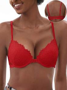 1pc Women's Sexy Lace Front Closure Underwire Push-Up Bra, Transparent Thin Cup Bra, With Shoulder Straps Lingerie Bra, Anti-Sagging Comfortable - Red - View 5
