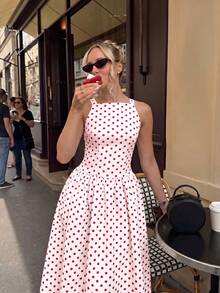 Novo Vestido Elegante e Sexy de Verão 2026 com Decote Quadrado, Sem Mangas, Cintura Alta, Silhueta A, Ajustado, em Poá Rosa, Vestido de Férias, Vestido de Encontro, Roupa de Aniversário, Roupa de Verão, Praia, Moda de Rua, Vestido Casual - Rosa Bebê - Visão 3