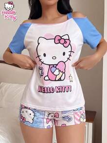 SANRIO 2件套KT猫咪插肩袖睡衣套装，女士夏季轻薄短袖短裤睡衣，可爱卡通印花宽松休闲家居服，柔软舒适，适合学生户外穿着。 - 粉色 - 查看 4