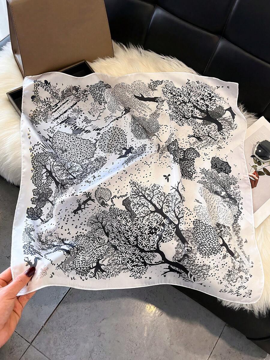 1 chiếc khăn vuông in hoa trang nhã, kích thước 27,6 inch, đa năng dùng làm khăn bandana, khăn thắt eo, phụ kiện tóc, khăn thời trang giả lụa, phụ kiện, phụ kiện ngày lễ. - Đen và trắng - Xem 1