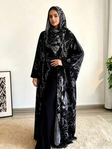 Conjunto de 2 peças: Hijab + Abaya aberta, Cardigã Hijab islâmico muçulmano de Dubai com estampa floral discreta, adequado para uso diário feminino. - Multicolorido - Ver 9