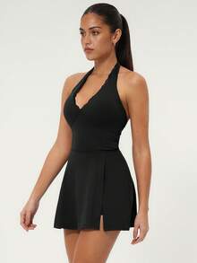 TimeOff 1pc Women's Lace Halter Backless Slit Dress With Lining And Pockets, Anti-Flashing Design Sports - Black - View 11