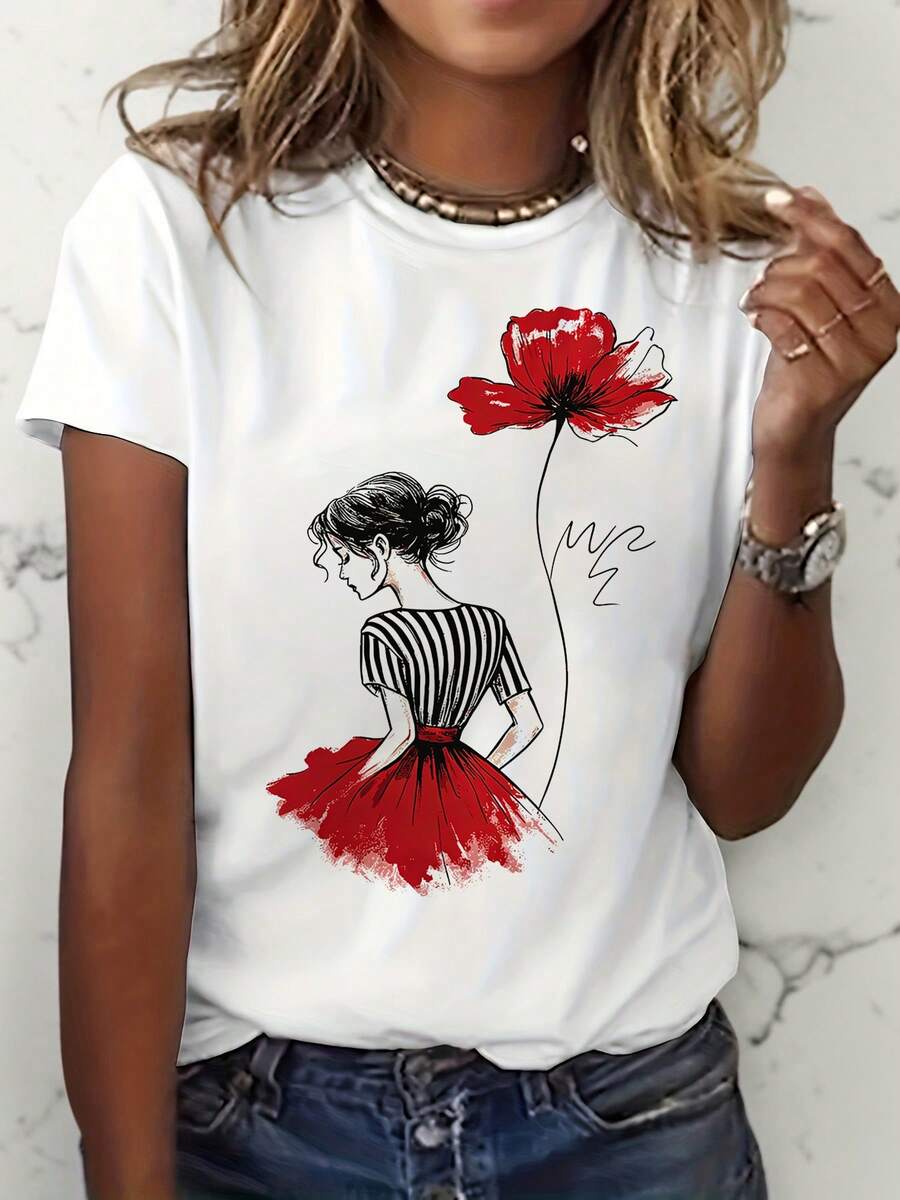 Camiseta elegante con un diseño de arte de línea de una flor de amapola roja graciosa, perfecta para las mujeres que buscan camisetas de manga corta artísticas y informales