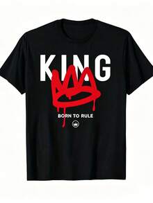 Men's Fashionable King Printed Short Sleeve T-Shirt And Shorts Combo Set - Black Top - 查看 8